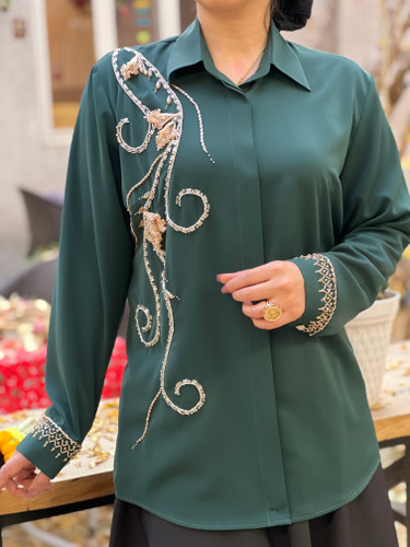 پیراهن سبز زنانه جواهردوزی شده