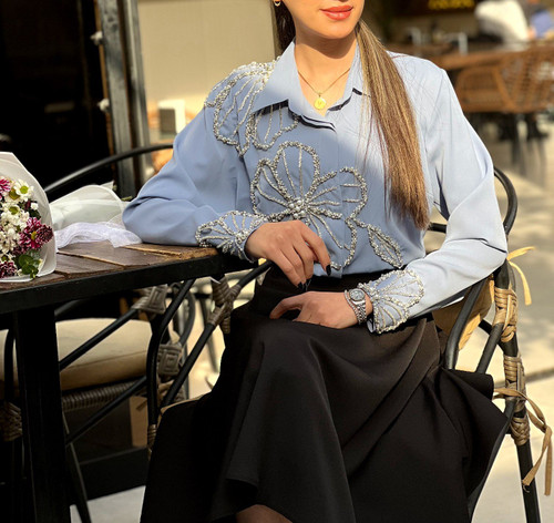 شومیز جواهردوزی زنانه طرح گل رنگ آبی